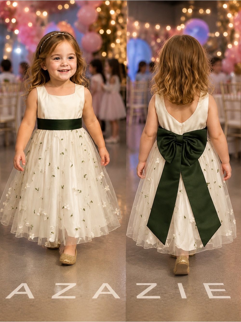 Azazie Ivory and Olive Embroidered Kids Dress